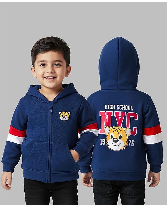 Babyhug Cotton Knit Full Sleeves Hooded Sweatjacket With Front & Back Lion Graphics & Kangaroo Pockets - Navy Blue
