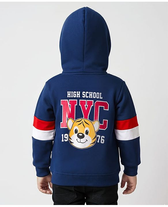 Babyhug Cotton Knit Full Sleeves Hooded Sweatjacket With Front & Back Lion Graphics & Kangaroo Pockets - Navy Blue