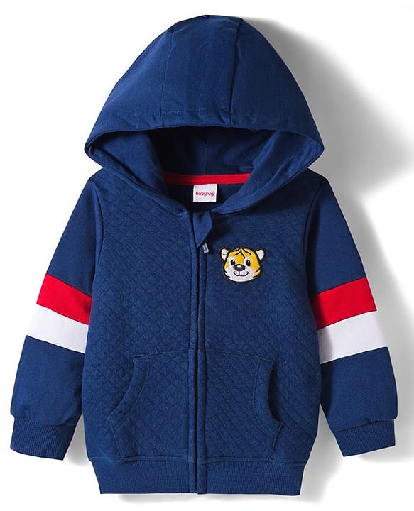 Babyhug Cotton Knit Full Sleeves Hooded Sweatjacket With Front & Back Lion Graphics & Kangaroo Pockets - Navy Blue