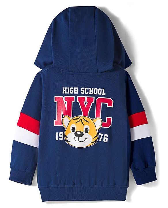 Babyhug Cotton Knit Full Sleeves Hooded Sweatjacket With Front & Back Lion Graphics & Kangaroo Pockets - Navy Blue
