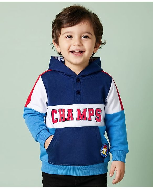 Babyhug Cotton Knit Full Sleeves Cut & Sew Pullover Hooded Sweatshirt with Text Graphic & Kangaroo Pocket - Multicolor