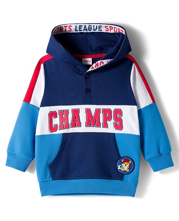Babyhug Cotton Knit Full Sleeves Cut & Sew Pullover Hooded Sweatshirt with Text Graphic & Kangaroo Pocket - Multicolor