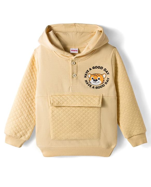 Babyhug Fleece Knit Full Sleeves Heavy Gauge Quilted Fabric Hooded Sweatshirt With Tiger Print - Beige