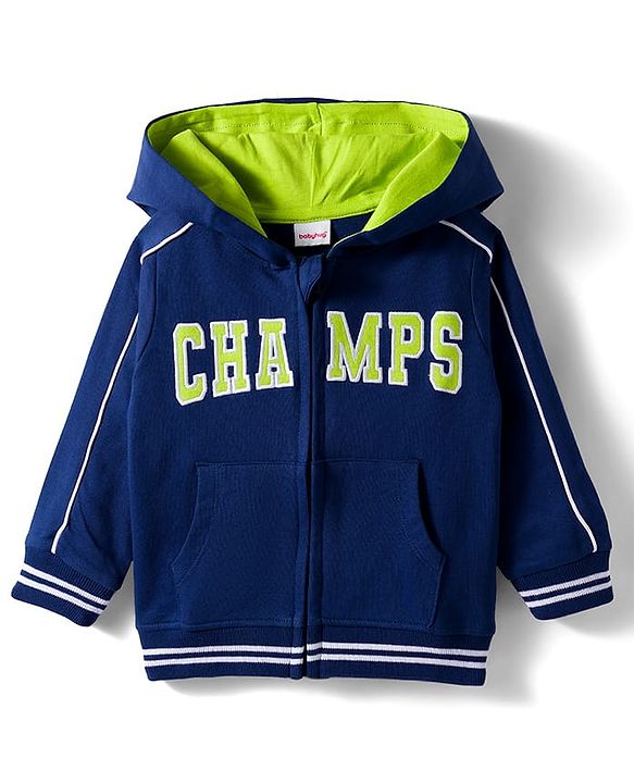 Babyhug Cotton Knit Full Sleeves Hooded Sweatjacket With Champs Embroidery & Kangaroo Pockets - Navy Blue