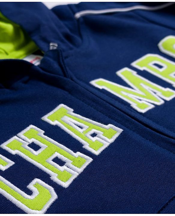 Babyhug Cotton Knit Full Sleeves Hooded Sweatjacket With Champs Embroidery & Kangaroo Pockets - Navy Blue