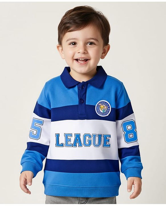 Babyhug Cotton Knit Full Sleeves Collared Sweatshirt with Sport Theme Print - Blue & White