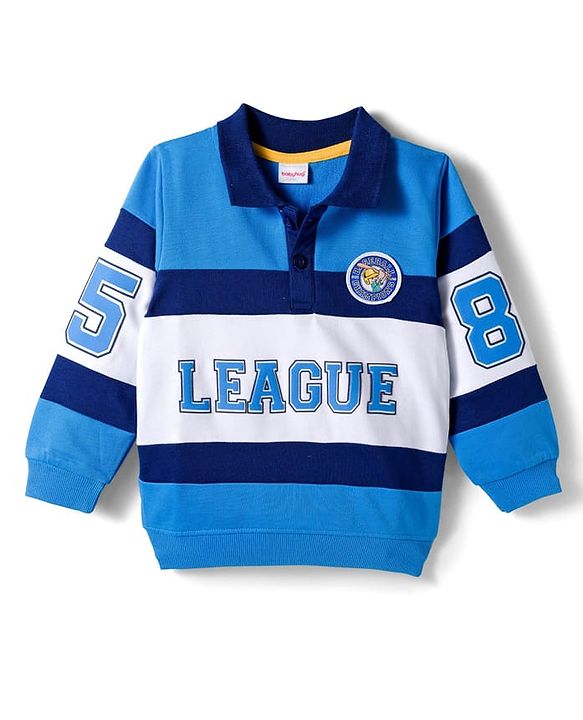 Babyhug Cotton Knit Full Sleeves Collared Sweatshirt with Sport Theme Print - Blue & White