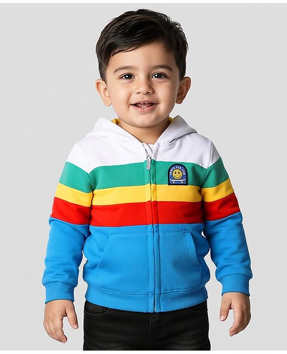 Babyhug Cotton Knit Full Sleeves Hooded Sweatjacket With Color Block Design & Kangaroo Pockets - Multicolor