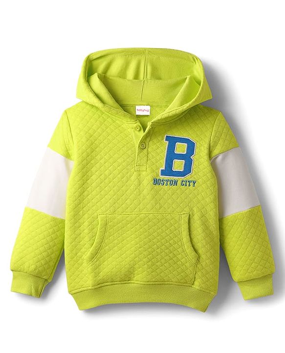 Babyhug Cotton Knit Full Sleeves Hooded Sweatshirt With Boston Embroidery & Kangaroo Pockets - Light Green