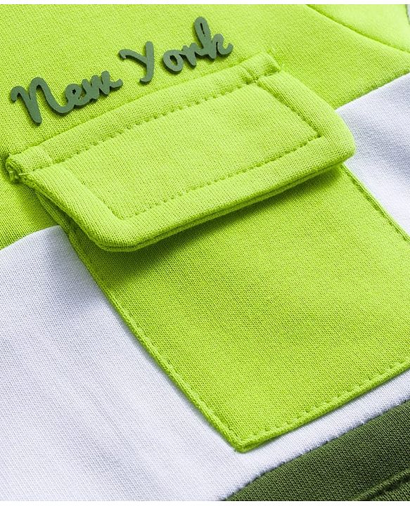 Babyhug Cotton Knit Full Sleeves Heavy Gauge Quilted Fabric Hooded Sweatshirt With New York Print & Kangaroo Pockets - Green
