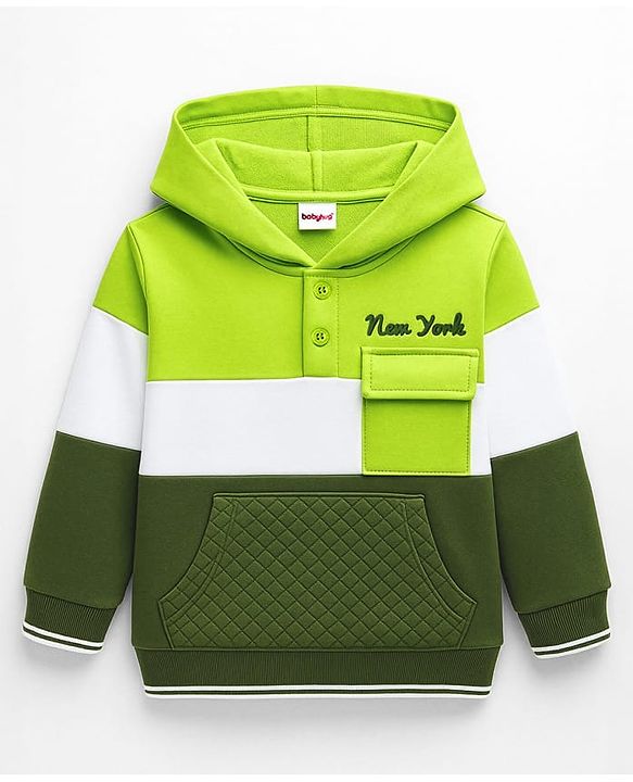 Babyhug Cotton Knit Full Sleeves Heavy Gauge Quilted Fabric Hooded Sweatshirt With New York Print & Kangaroo Pockets - Green