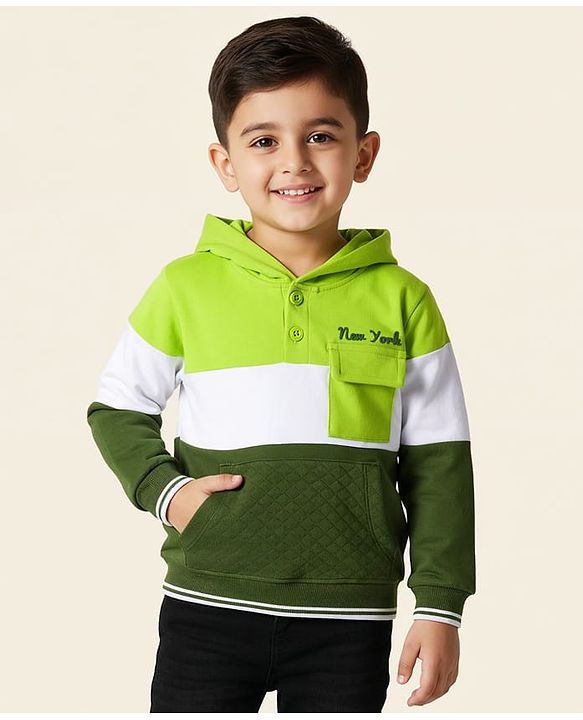 Babyhug Cotton Knit Full Sleeves Heavy Gauge Quilted Fabric Hooded Sweatshirt With New York Print & Kangaroo Pockets - Green