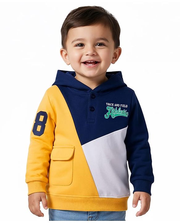Babyhug Cotton Knit Full Sleeves Hooded Sweatshirt With Color Block Design - Multicolor