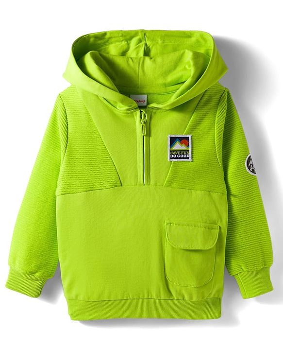 Babyhug Cotton Knit Full Sleeves Hooded Sweatshirt With Patch Detailing - Lime Green