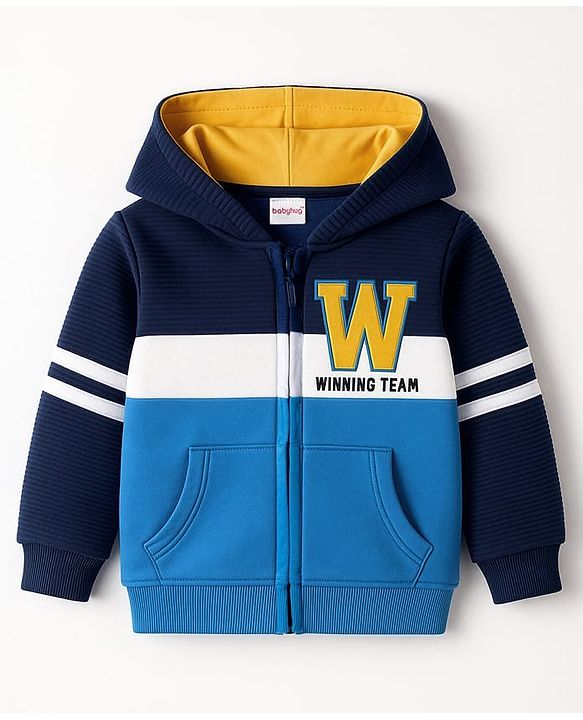 Babyhug Cotton Knit Full Sleeves Cut & Sew Hooded SweatJacket with Text Embroidery - Multicolor
