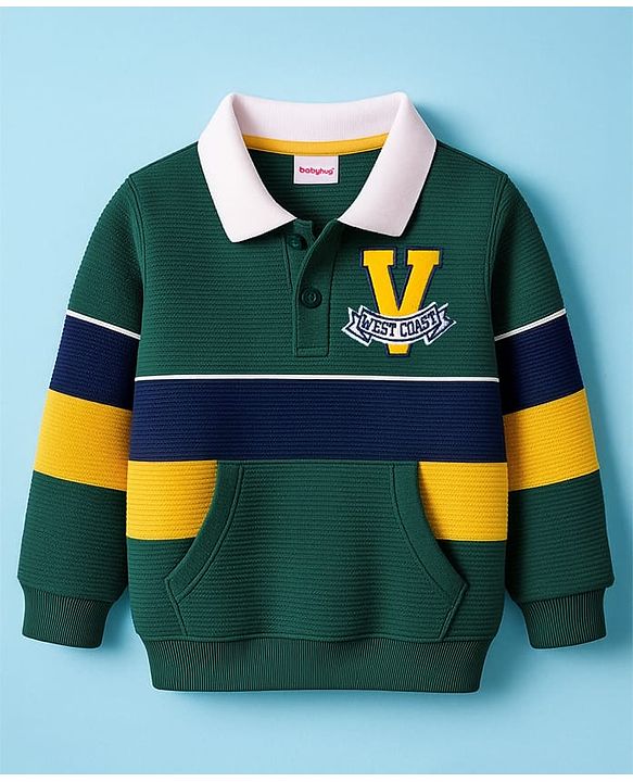 Babyhug Cotton Knit Full Sleeves Sweatshirt With Text Embroidery & Kangaroo Pockets - Dark Green