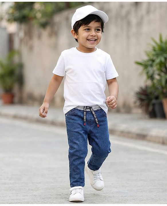 Babyhug Cotton Denim Full Length Washed Jeans With Stretch - Dark Blue