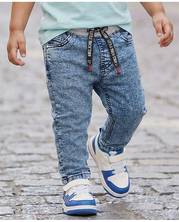 Babyhug Cotton Denim Full Length Washed Jeans With Stretch - Dark Blue