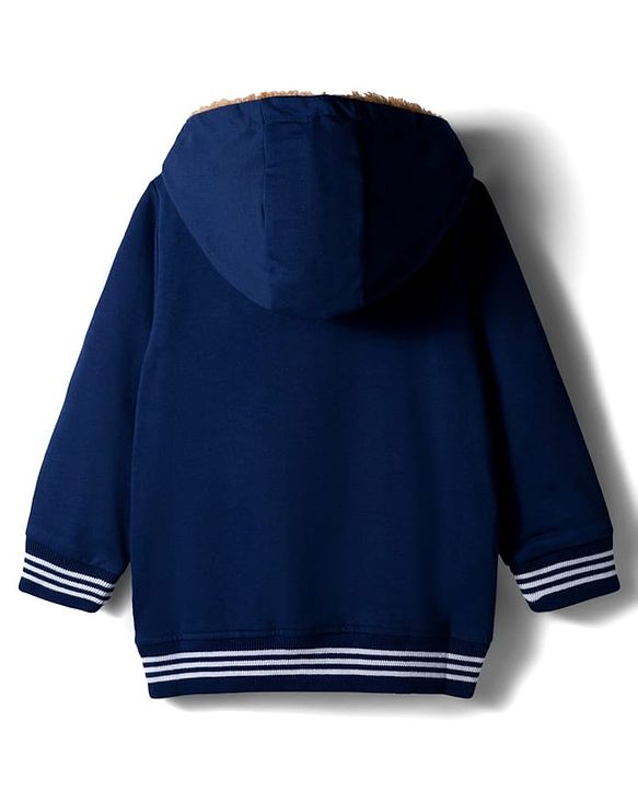 Babyhug Cotton Knit Full Sleeves Hooded SweatJacket with Bear Patch Detailing - Navy Blue
