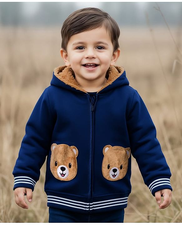 Babyhug Cotton Knit Full Sleeves Hooded SweatJacket with Bear Patch Detailing - Navy Blue