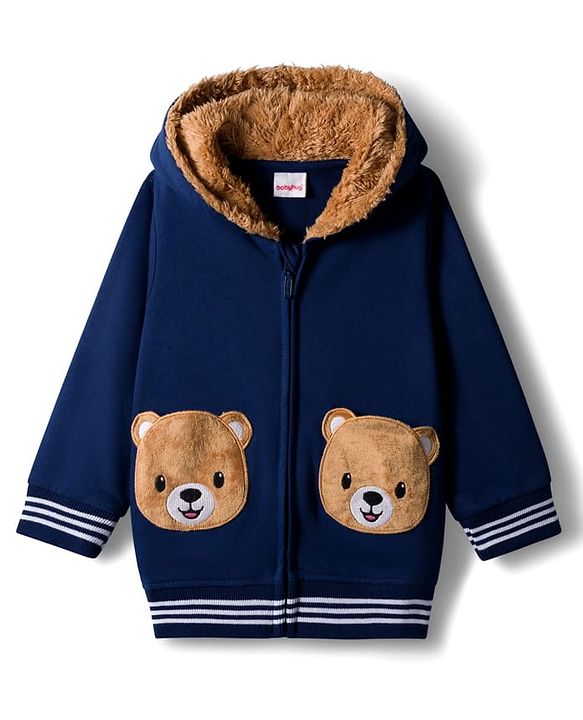 Babyhug Cotton Knit Full Sleeves Hooded SweatJacket with Bear Patch Detailing - Navy Blue