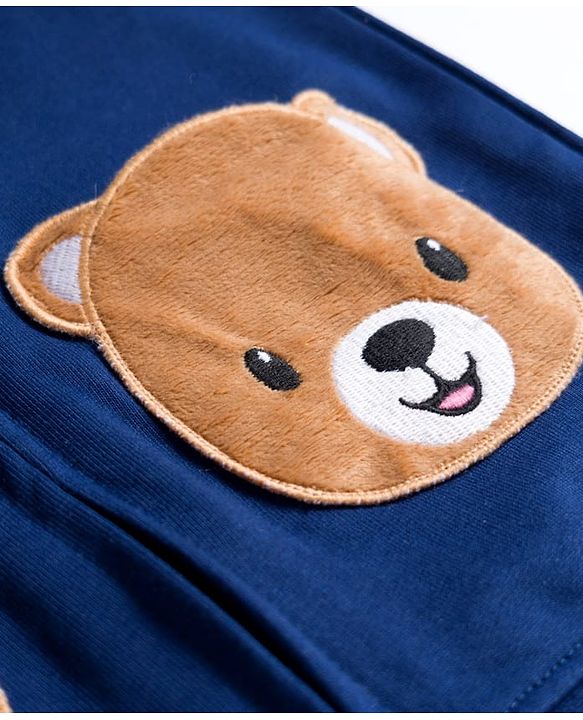 Babyhug Cotton Knit Full Sleeves Hooded SweatJacket with Bear Patch Detailing - Navy Blue