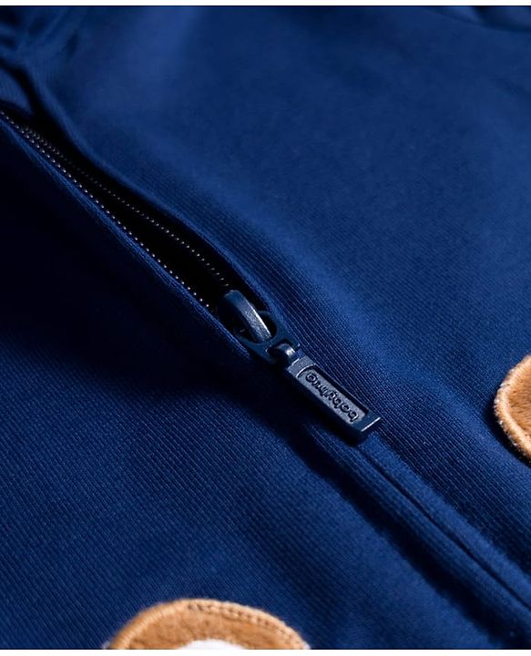 Babyhug Cotton Knit Full Sleeves Hooded SweatJacket with Bear Patch Detailing - Navy Blue