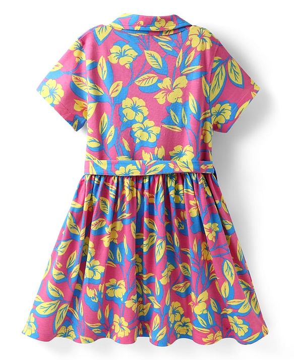 Pine Kids Cotton Knit Half Sleeves Frock With Belt & Floral Print - Dark Pink