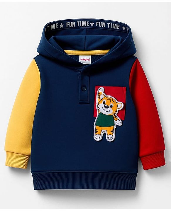 Babyhug 100% Cotton Knit Full Sleeves Hooded Sweatshirt With Tiger Applique - Navy Blue