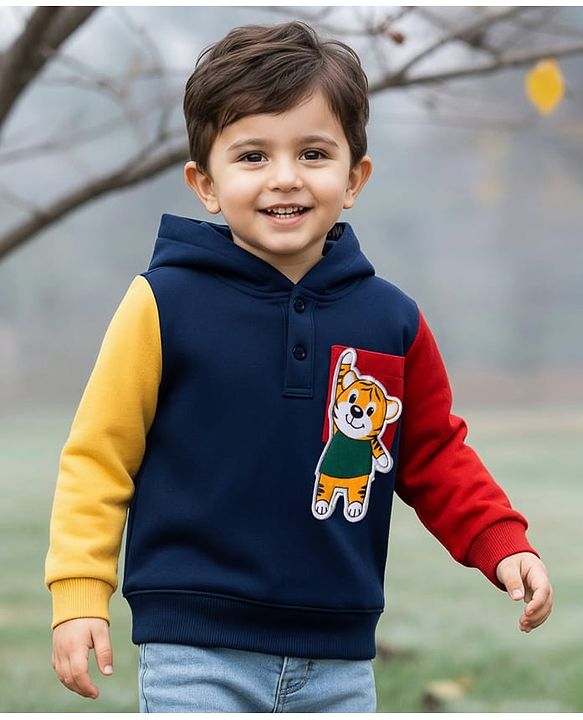 Babyhug 100% Cotton Knit Full Sleeves Hooded Sweatshirt With Tiger Applique - Navy Blue
