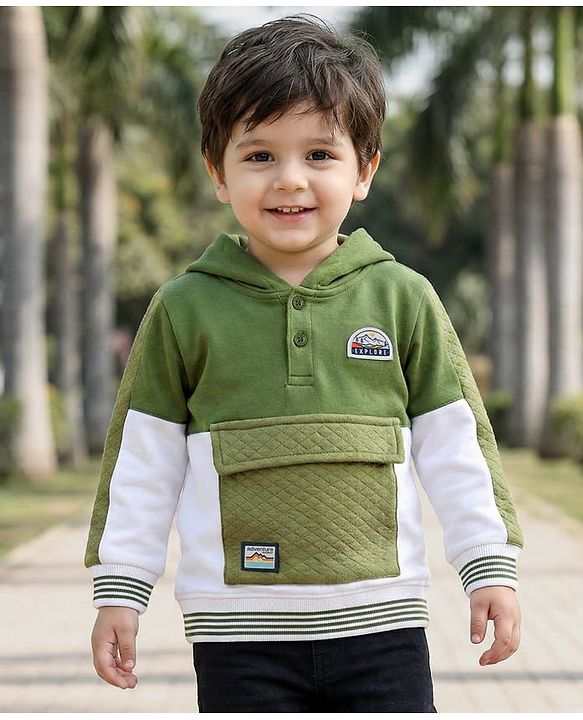 Babyhug Cotton Knit Full Sleeves Hooded Sweatshirt With Front Pocket & Patch - Multi Colour