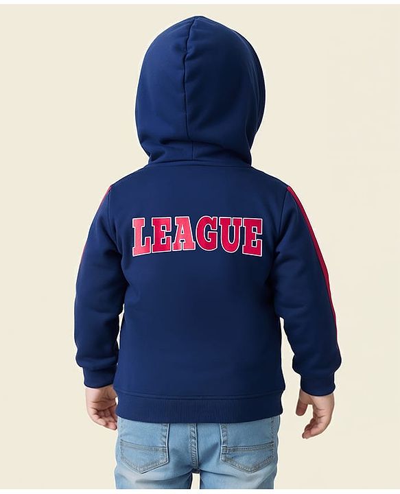 Babyhug Cotton Knit Full Sleeves Hooded Sweatjacket With Tiger Print & Kangaroo Pockets - Navy Blue