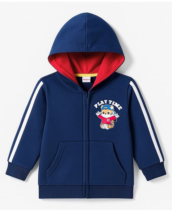 Babyhug Cotton Knit Full Sleeves Hooded Sweatjacket With Tiger Print & Kangaroo Pockets - Navy Blue