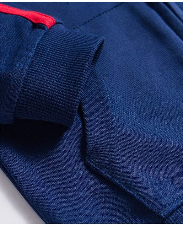 Babyhug Cotton Knit Full Sleeves Hooded Sweatjacket With Tiger Print & Kangaroo Pockets - Navy Blue