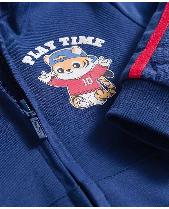 Babyhug Cotton Knit Full Sleeves Hooded Sweatjacket With Tiger Print & Kangaroo Pockets - Navy Blue
