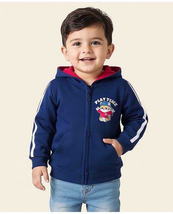 Babyhug Cotton Knit Full Sleeves Hooded Sweatjacket With Tiger Print & Kangaroo Pockets - Navy Blue