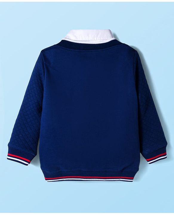 Babyhug Cotton Knit Full Sleeves Heavy Gauge Quilted Fabric Overlapped Sweatshirt With Varsity Patch & Kangaroo  Pockets - Navy Blue