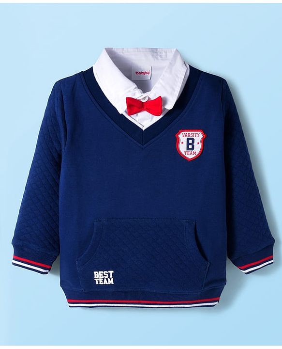 Babyhug Cotton Knit Full Sleeves Heavy Gauge Quilted Fabric Overlapped Sweatshirt With Varsity Patch & Kangaroo  Pockets - Navy Blue