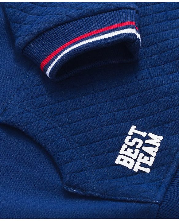 Babyhug Cotton Knit Full Sleeves Heavy Gauge Quilted Fabric Overlapped Sweatshirt With Varsity Patch & Kangaroo  Pockets - Navy Blue