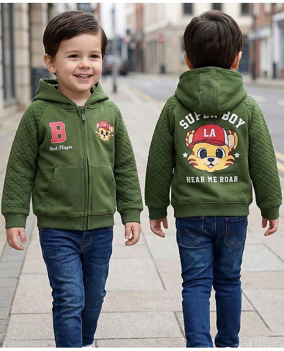 Babyhug Cotton Knit Full Raglan Sleeves Hooded Sweatjacket With Tiger Print & Kangaroo Pockets - Green