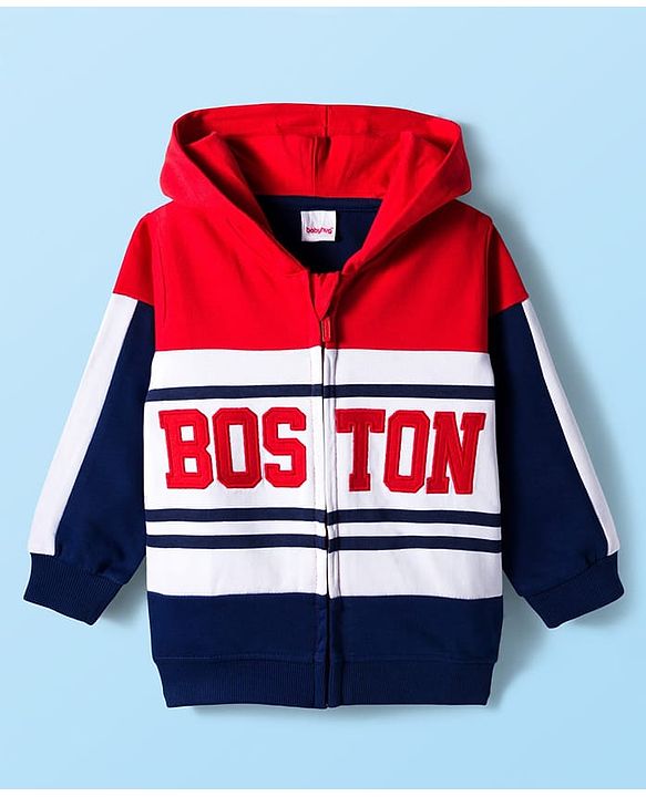 Babyhug Cotton Knit Full Sleeves Hooded Sweatjacket With Boston Embroidery - Multicolor