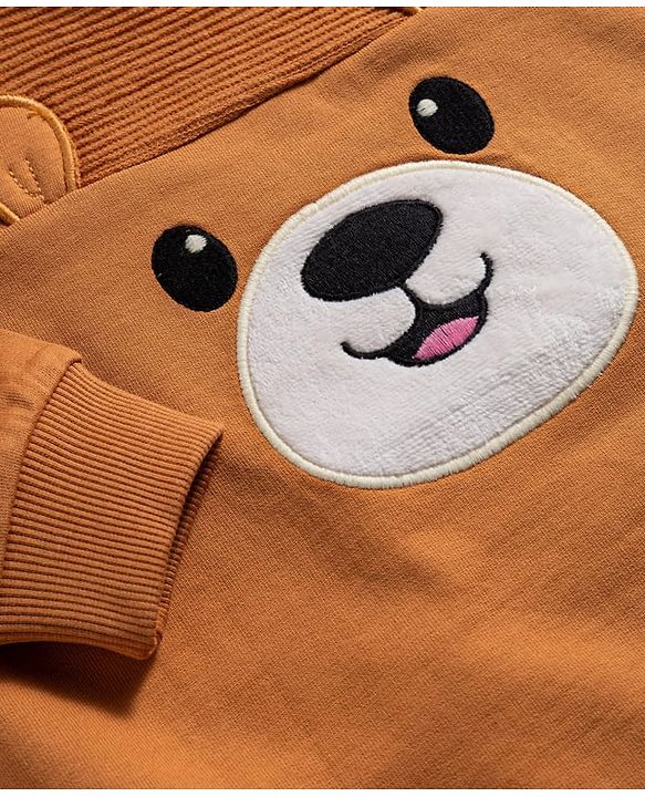 Babyhug Cotton Knit Full Sleeves Sweatshirt with Teddy Bear Graphics & Cut & Sew Design - Brown