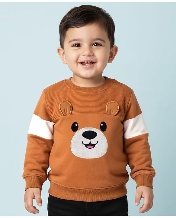 Babyhug Cotton Knit Full Sleeves Sweatshirt with Teddy Bear Graphics & Cut & Sew Design - Brown