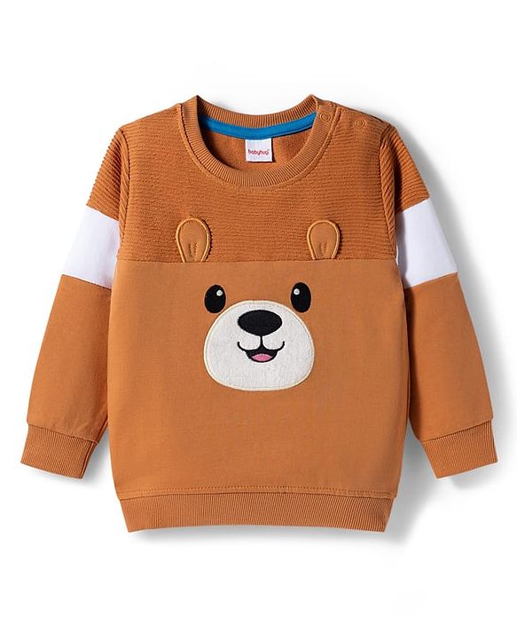 Babyhug Cotton Knit Full Sleeves Sweatshirt with Teddy Bear Graphics & Cut & Sew Design - Brown