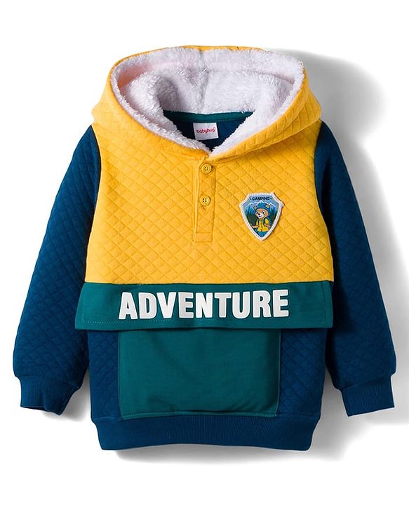 Babyhug Cotton Knit Full Sleeves Hooded Sweatshirt With Adventure Print & Tiger Patch - Multicolor