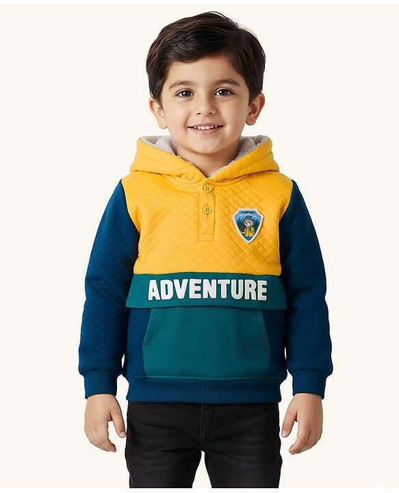 Babyhug Cotton Knit Full Sleeves Hooded Sweatshirt With Adventure Print & Tiger Patch - Multicolor