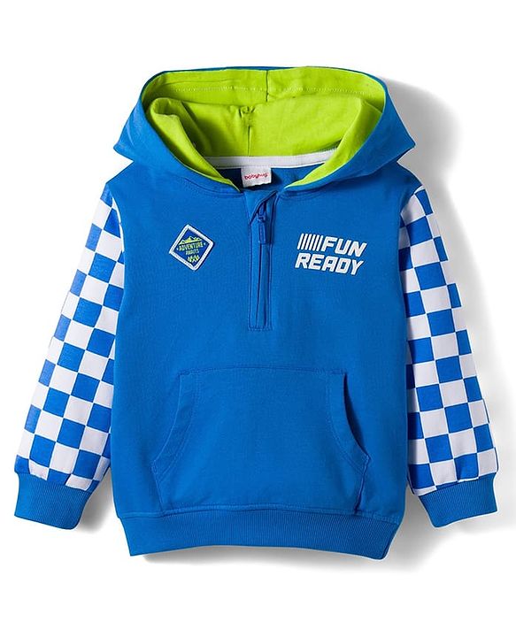 Babyhug Cotton Knit Full Sleeves Hooded Sweatjacket With Text Print & Kangaroo Pockets - Blue
