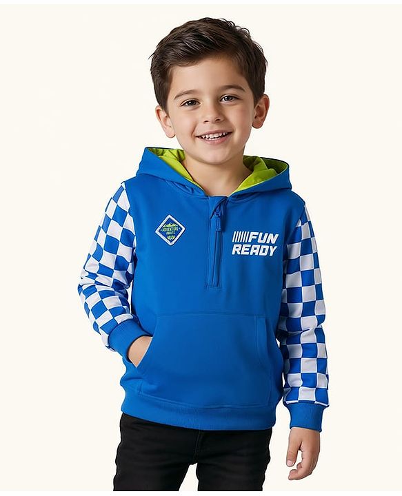 Babyhug Cotton Knit Full Sleeves Hooded Sweatjacket With Text Print & Kangaroo Pockets - Blue