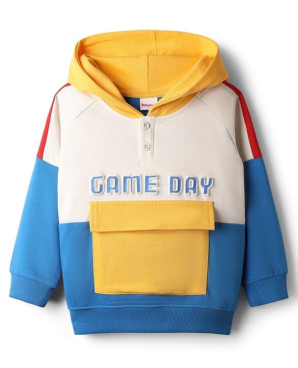 Babyhug Cotton Knit Full Raglan Sleeves Hooded Sweatshirt with Henley Neck Cut & Sew Design & Game Boy Graphics - White Blue & Yellow