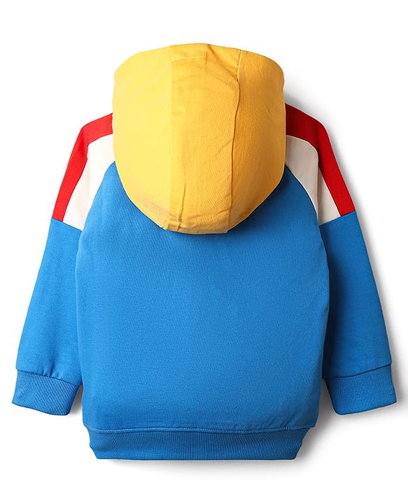 Babyhug Cotton Knit Full Raglan Sleeves Hooded Sweatshirt with Henley Neck Cut & Sew Design & Game Boy Graphics - White Blue & Yellow